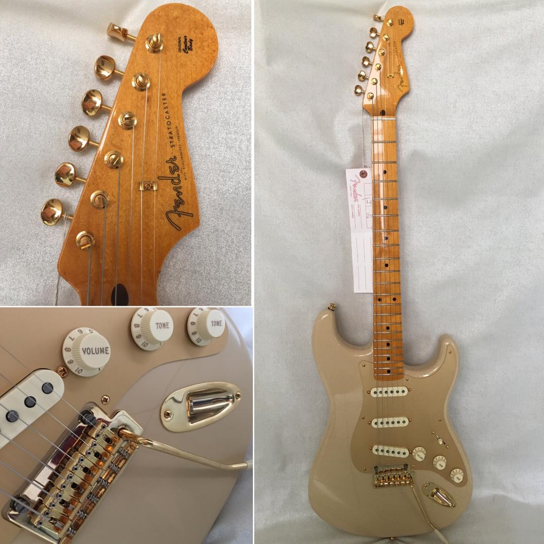 FENDER STRATOCASTER CLASSIC PLAYER 50'S ANNIVERSARY 60TH GUITARE ELECTRIQUE DESERT SAND. CORPS AULNE. MANCHE & TOUCHE ERABLE. 3 MICROS SIMPLES ALNICO. VOL. TON. VIBRATO FLOTTANT. PLAQUE ALU ANODISE. ACCASTILLAGE OR. ¤¤AVEC ETUI TWEED & LIVRE HISTORIQUE¤¤
